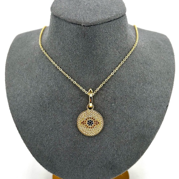 18K Gold Plated over 925 Solid Sterling Silver Evil Eye Pendant Necklace - Picture 1 of 7